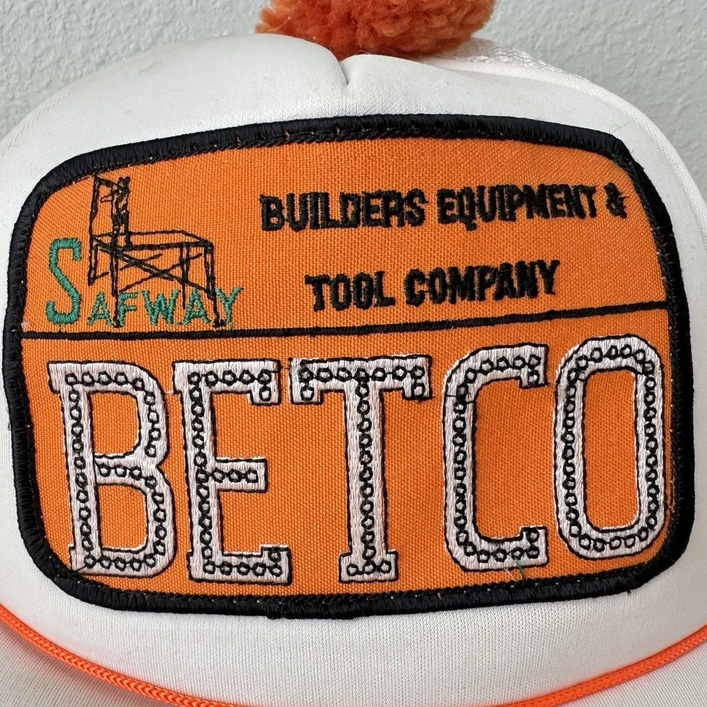 Vintage BETCO Builders Equipment Tool Co Trucker Hat White Orange Pom Pom Cap